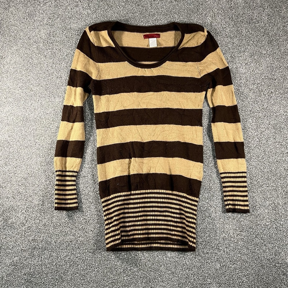 Love Culture Women's Large Brown Tan Striped Long Sleeve Tunic Sweater Y2K